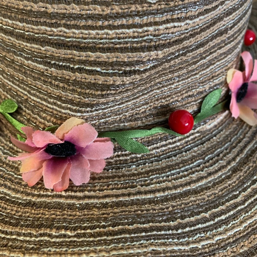 Khaki Boho Flower Pink Decor Floppy Sun Hat